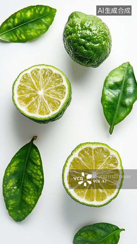 【AI数字艺术】清新绿柠檬与绿叶的组合图片素材
