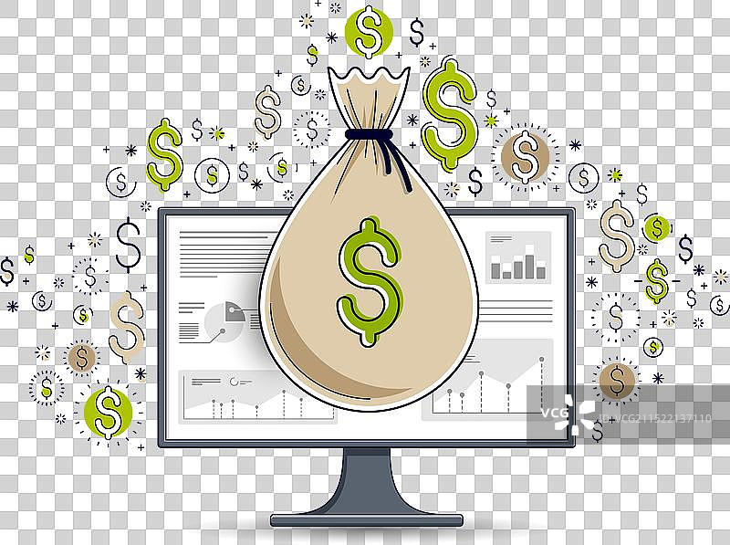 电脑显示器上的钱袋和美元图标图片素材