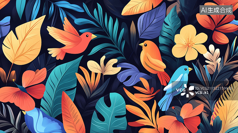 【AI数字艺术】手绘彩色鸟类场景插画图片素材
