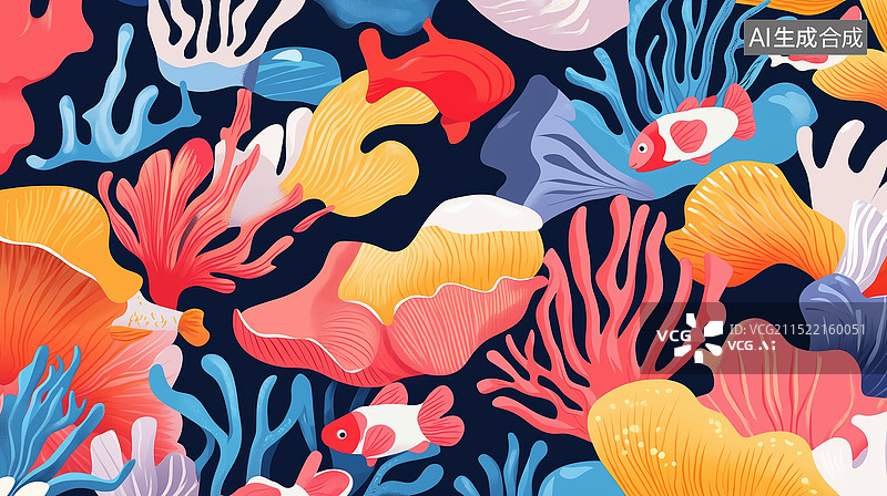 【AI数字艺术】手绘珊瑚礁和游动的小鱼插画图片素材