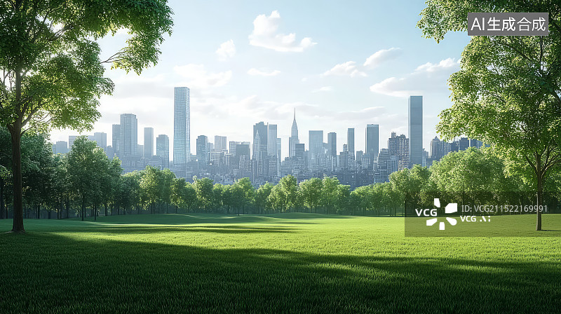 【AI数字艺术】公园草地草坪和远处城市高楼天际线，绿色城市概念图片素材