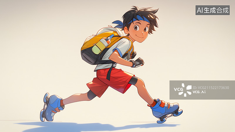 【AI数字艺术】背着书包穿直排轮鞋滑旱冰的小男孩图片素材