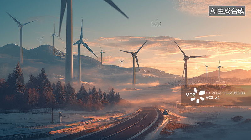 【AI数字艺术】山区风力发电风车图片素材