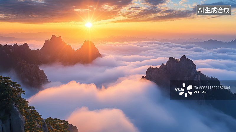 【AI数字艺术】山峰之巅的金色曙光图片素材