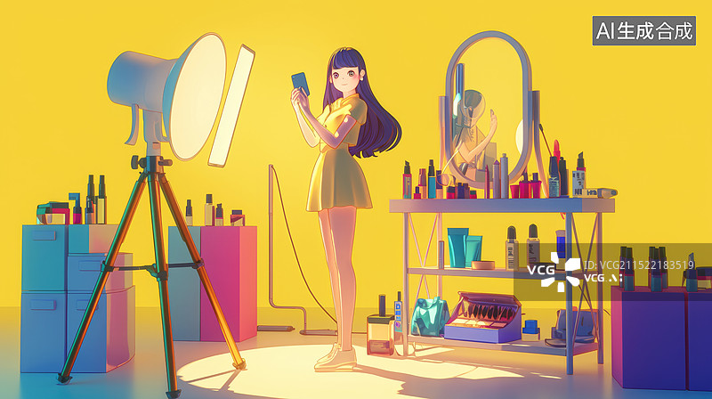 【AI数字艺术】美女直播带货场景插画图片素材