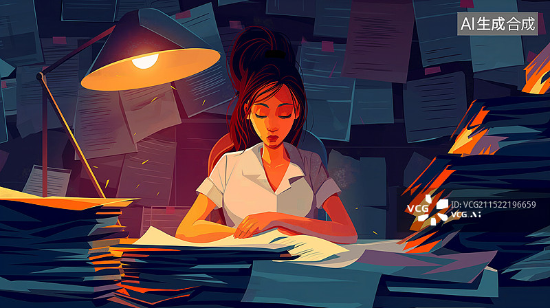 【AI数字艺术】晚上工作的女性图片素材