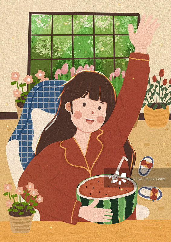 举手的女孩 夏天 吃西瓜 悠闲图片素材