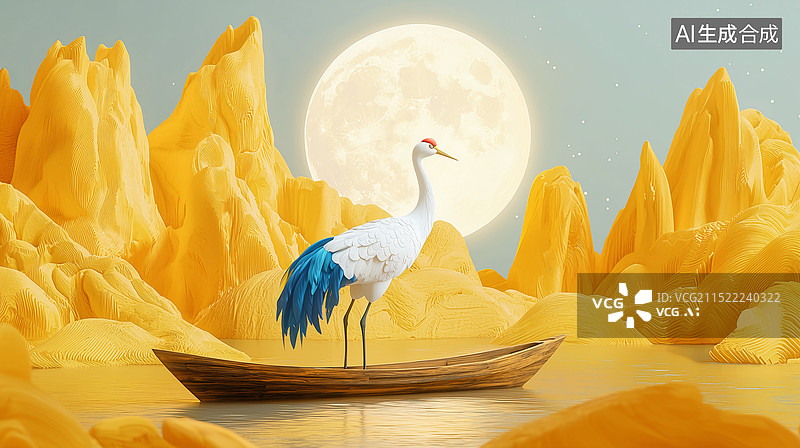 【AI数字艺术】3D站在木舟上的仙鹤图片素材