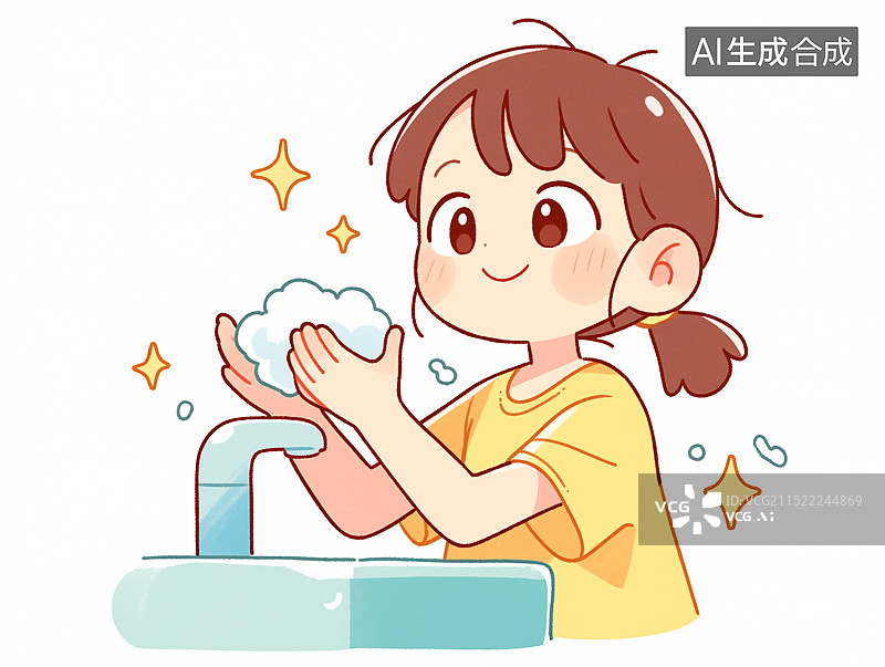 【AI数字艺术】快乐洗脸的女孩插画图片素材