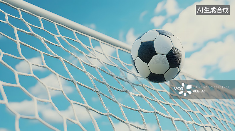 【AI数字艺术】足球场上的特写--足球飞进球门球网的瞬间图片素材