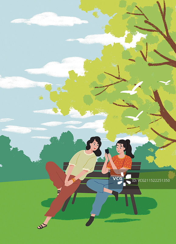 彩色 插画 两个女人 公园 聊天 看手机 夏季 绿色 长椅 开心 闺蜜图片素材