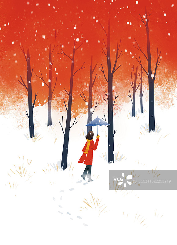 彩色 插画 树林 红色 女孩打伞走向树林 秋冬季节 雪地 女人背影 背景 冬季图片素材