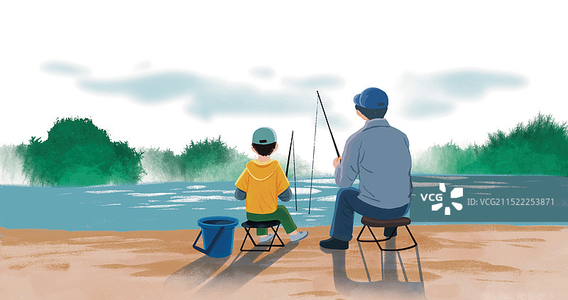 彩色 插画 钓鱼 父子 亲子 捕鱼 童年 往事 垂钓 鱼 湖里 小河 乡村图片素材