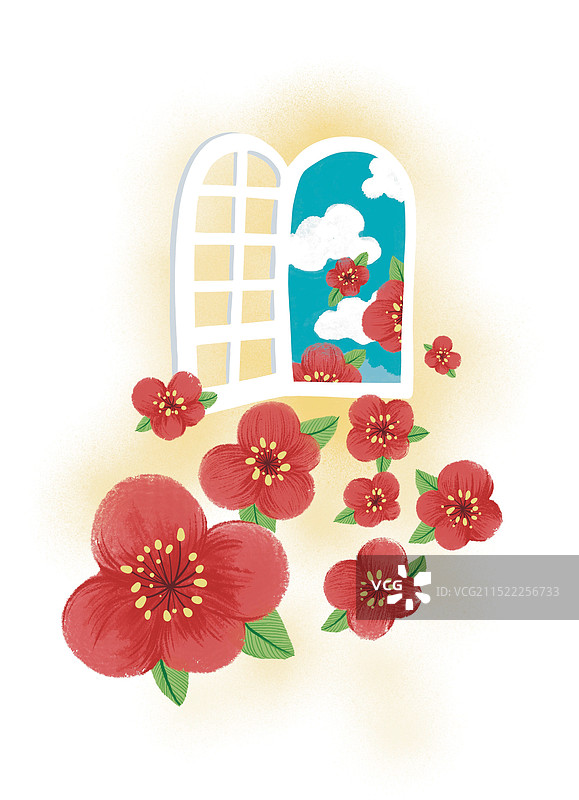 彩色 插画 从窗户飞进的花 红色 多个 无人 治愈 小清新 蓝天白云 幸福图片素材