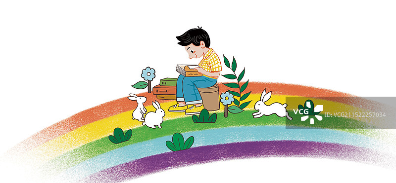 彩色 插画 卡通 男孩 看书 动物 治愈系 兔子 哲理 创意 意想 幻想 小清新 童年 儿童画图片素材
