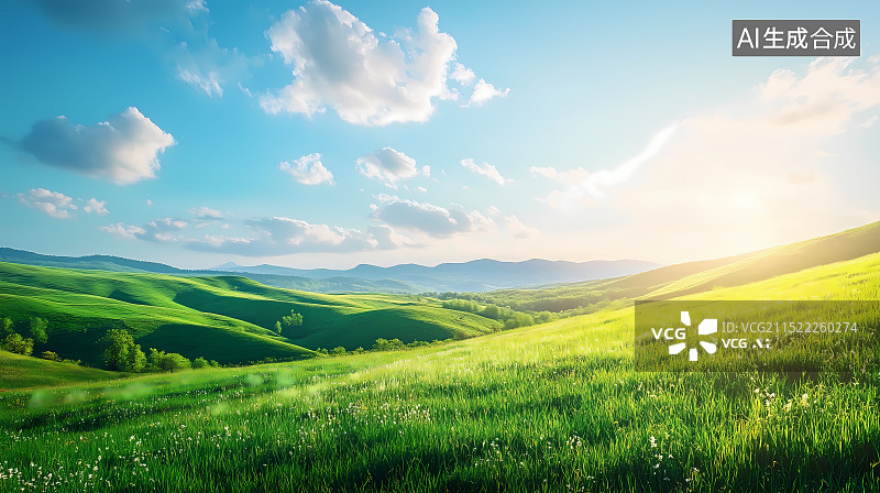 【AI数字艺术】蓝天白云下的蓝色大草地图片素材