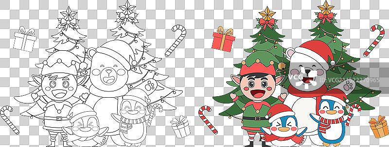 圣诞树旁的精灵熊和企鹅图片素材