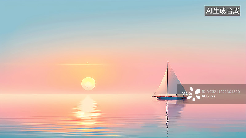 【AI数字艺术】日出时分的海洋帆船系列插画图片素材