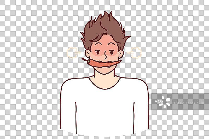 嘴里含着辣椒，脸红并吹气的男人图片素材