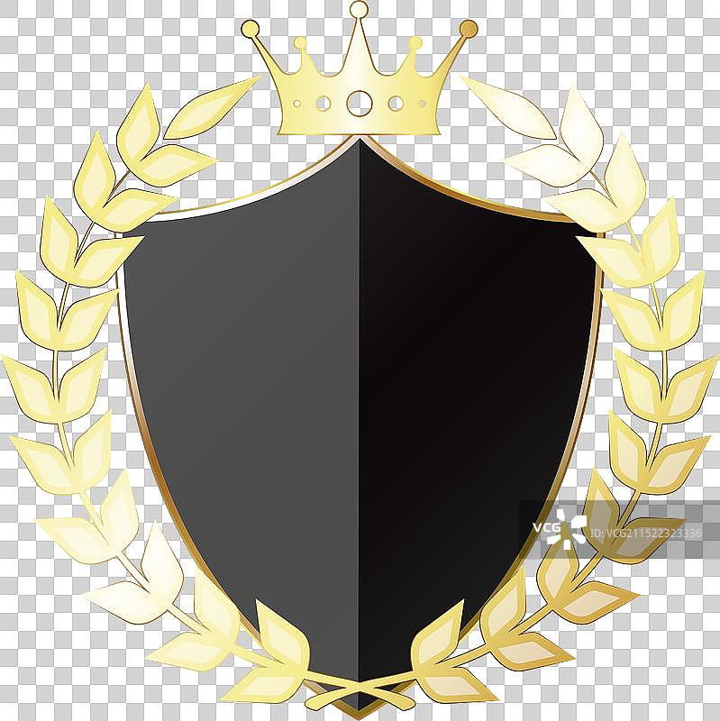带金色皇冠和月桂花环的黑色盾牌图片素材