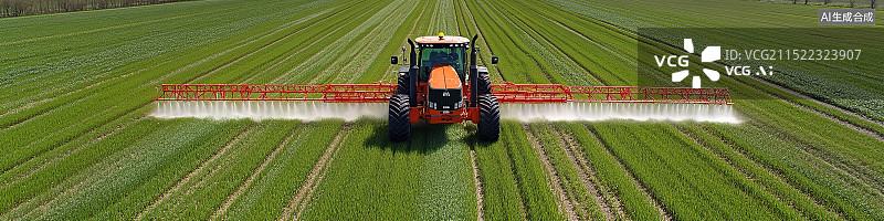 【AI数字艺术】高角度俯拍的拖拉机喷洒农药灌溉3D插图，强调秋季的智能农业和丰收。在线智能化农场管理和控制技术图片素材