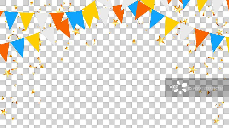 彩色三角旗花环和纸屑图片素材