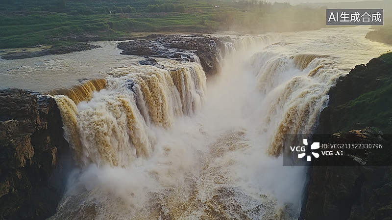 【AI数字艺术】河水冲刷飞流而下的壮观瀑布图片素材