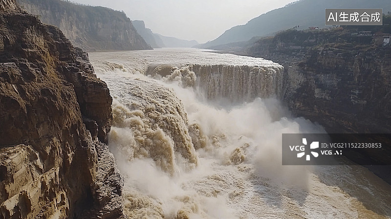 【AI数字艺术】河水冲刷飞流而下的壮观瀑布图片素材