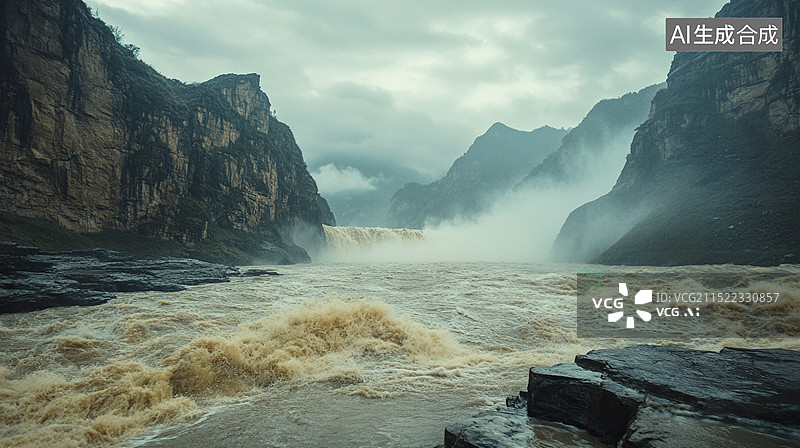 【AI数字艺术】河水冲刷飞流而下的壮观瀑布图片素材