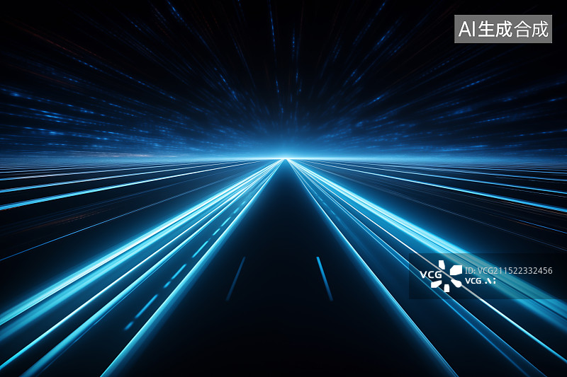 【AI数字艺术】科技互联网概念的科技蓝色透视道路图片素材