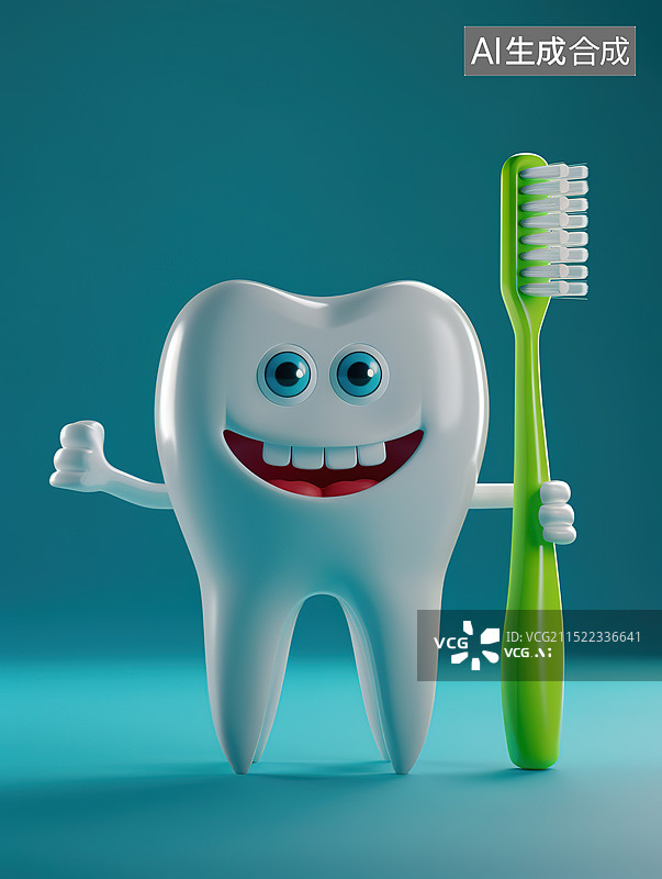【AI数字艺术】3D可爱的牙齿模型拿着牙刷——口腔护理概念图片素材