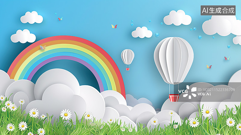 【AI数字艺术】剪纸风格3D蓝天白云草地彩虹背景插画图片素材