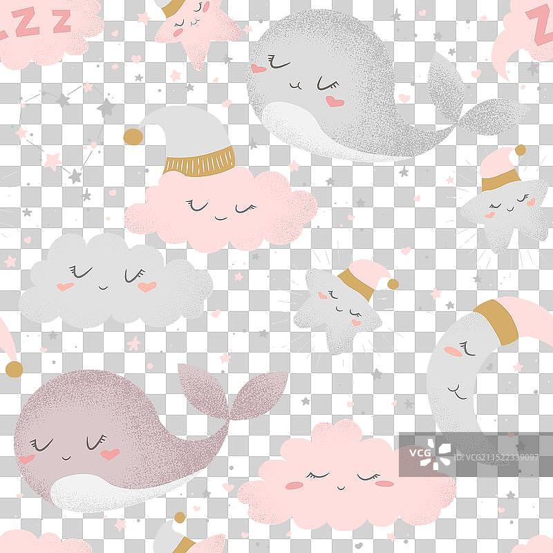 可爱的鲸鱼、云朵和月亮无缝图案图片素材