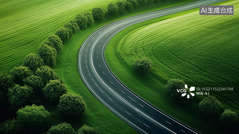 【AI数字艺术】绿色草地上的宽阔道路俯视图图片素材