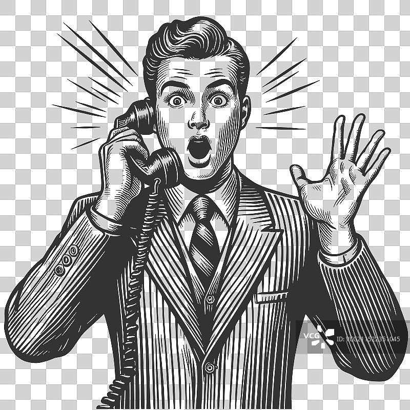 复古电话雕刻上的震惊男人图片素材