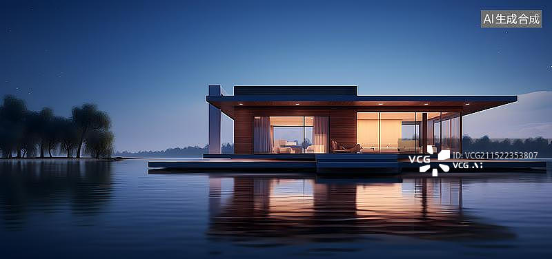 【AI数字艺术】湖边别墅 现代抽象建筑图片素材