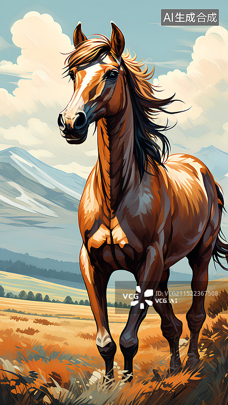 【AI数字艺术】动物插画插画 马背着天空在田野上的画像图片素材