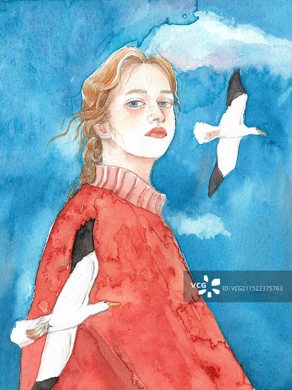 女孩与飞鸟图片素材