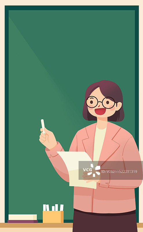 卡通人物女老师黑板前上课教育插画背景图片素材