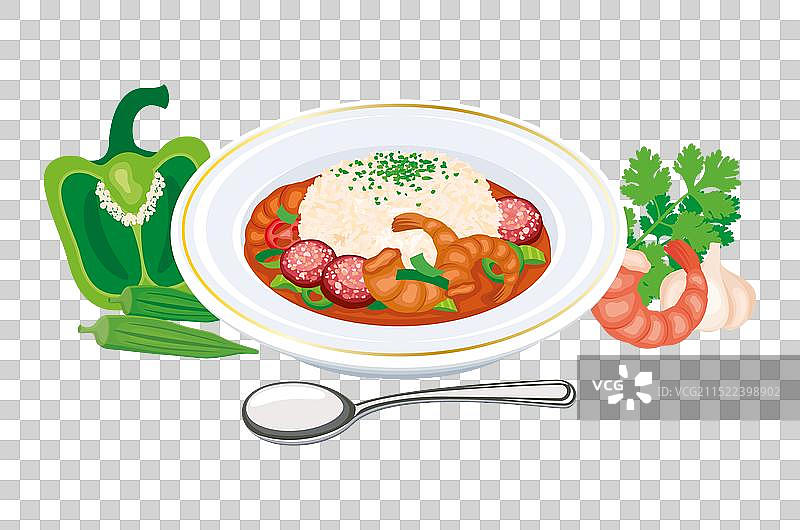 什锦秋葵浓汤配虾仁香肠和米饭图片素材