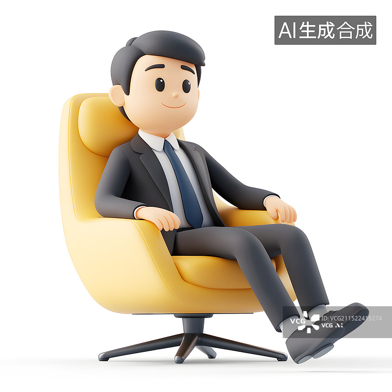 【AI数字艺术】AIGC：3D卡通人物 坐在椅子上穿西装的商务人士 白领图片素材