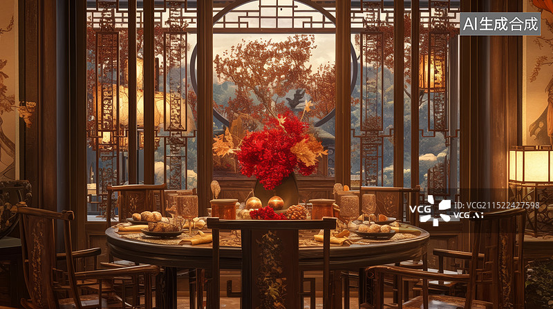 【AI数字艺术】中式风格餐厅年夜饭满汉全席插画图片素材