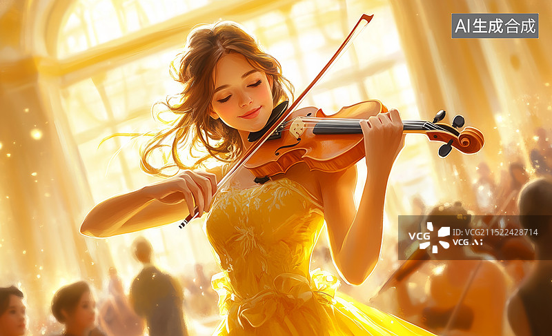 【AI数字艺术】一位身穿黄色长裙的女性正在优雅地拉小提琴，周围是模糊的人群，背景是一个宽敞而明亮的大厅图片素材