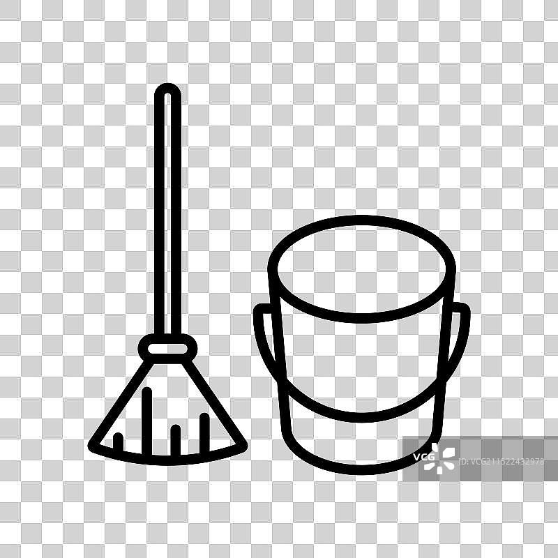 带有棍子和桶的扫帚线性标志图片素材