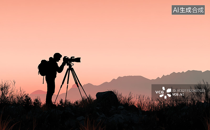【AI数字艺术】一个摄影师在山顶拍摄日落的照片，摄影师正在使用相机捕捉美丽的风景图片素材