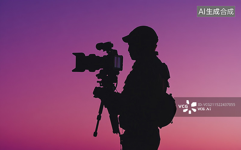 【AI数字艺术】一个摄影师在山顶拍摄日落的照片，摄影师正在使用相机捕捉美丽的风景图片素材