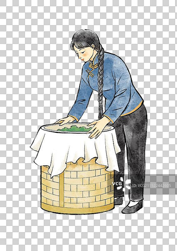 中国风水彩画红茶绿茶普洱茶制作过程与饮茶插画元素图片素材