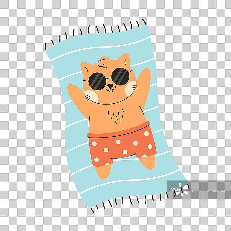 戴太阳镜在海滩上晒日光浴的可爱猫咪图片素材