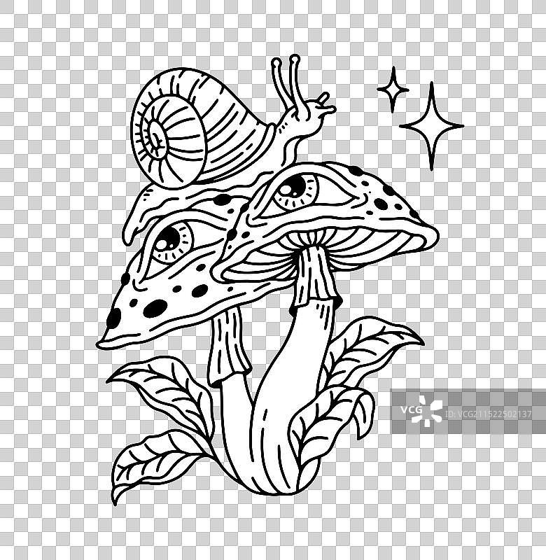 蘑菇上的蜗牛墨线绘画图片素材