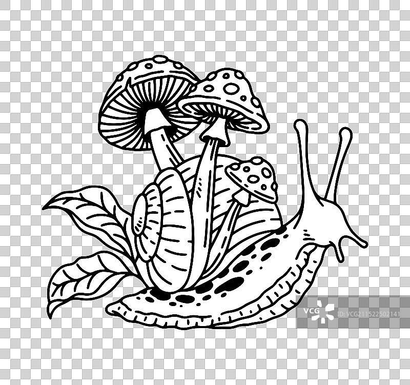 蜗牛与蘑菇奇幻墨水画图片素材